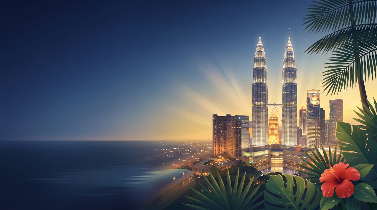 Illustration of the Petronas Twin Towers in Kuala Lumpur at blue hour with tropical leaves and a hibiscus, Malaysia
